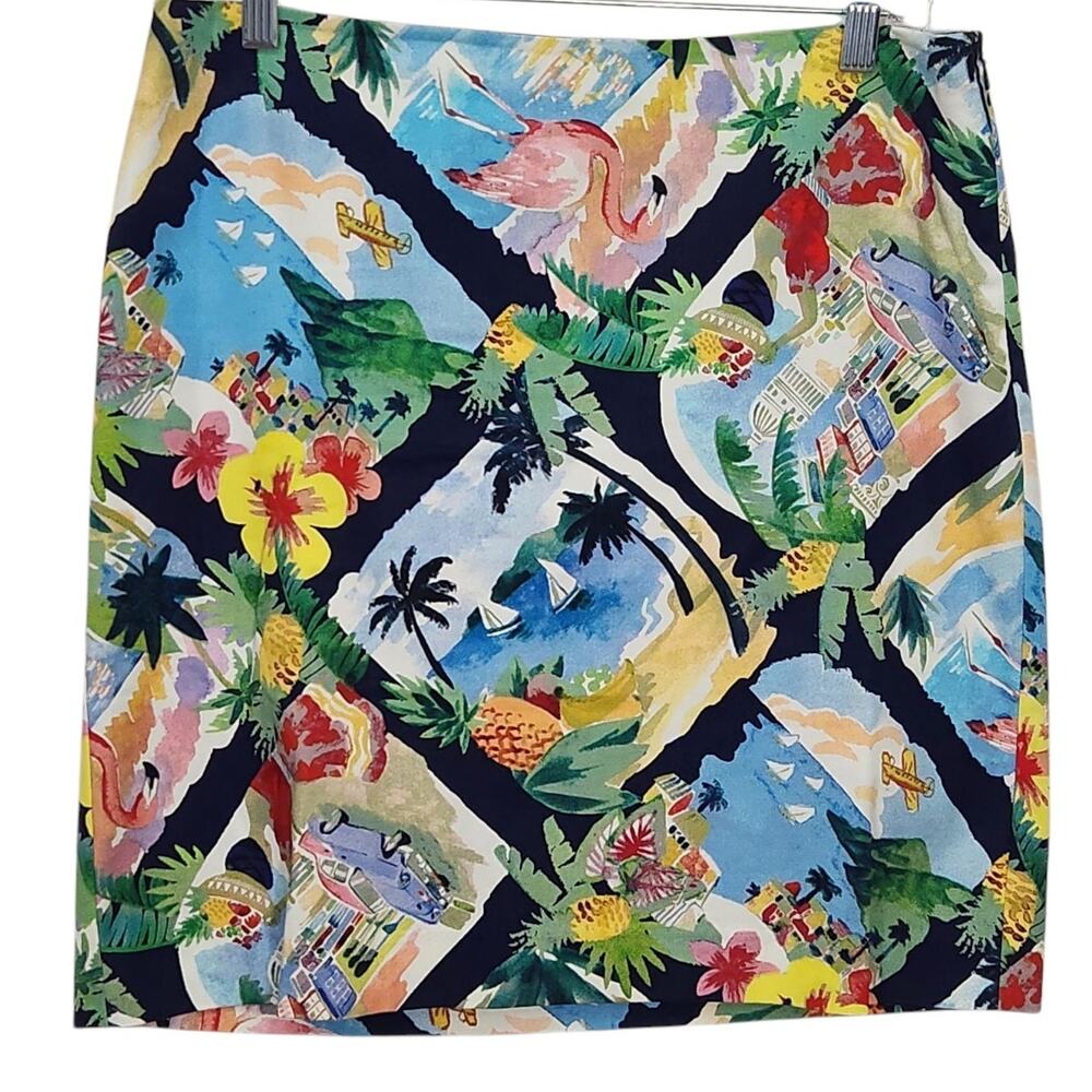TALBOTS SKIRT TROPICAL BEACHY FLAMINGO GARDEN CAREER ARTSY RESORT LINED SZ ^